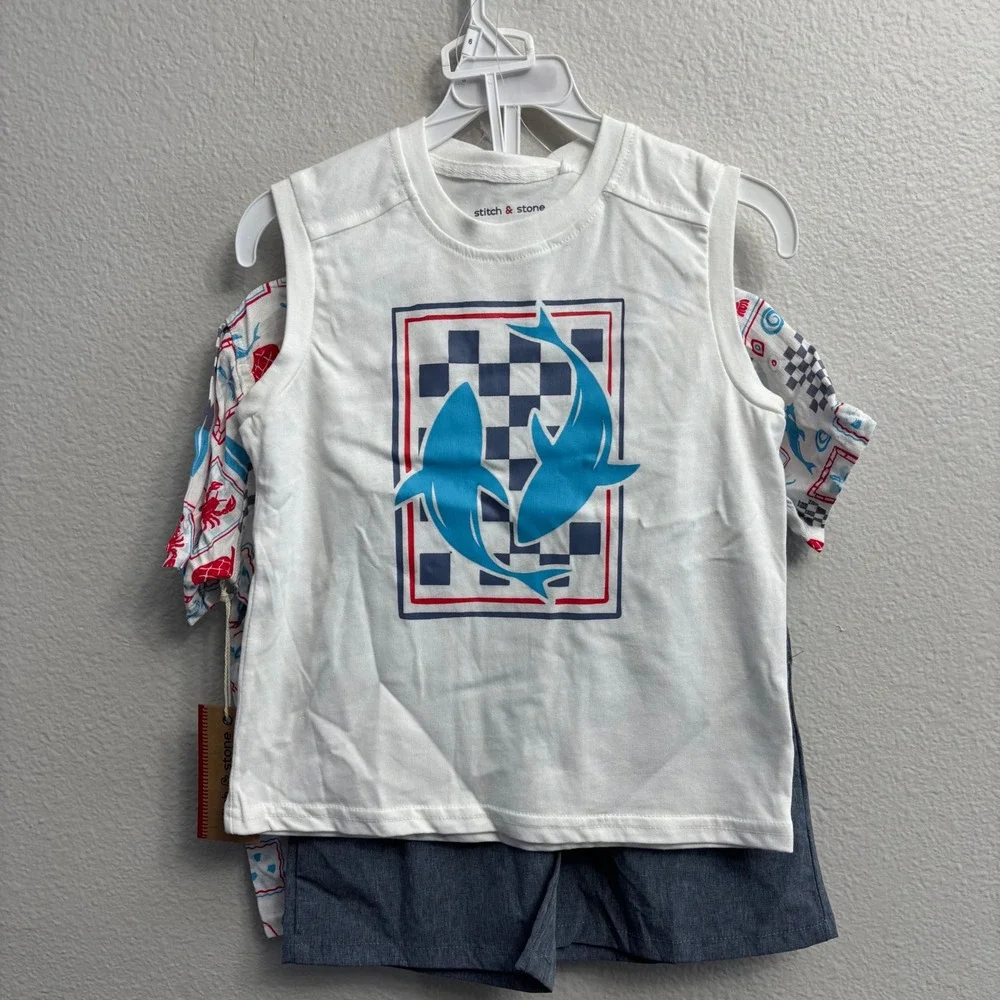 Stitch & Stone Boys Size 6 Blue White 3-Piece Shark Nautical Shirt Tank Set NEW